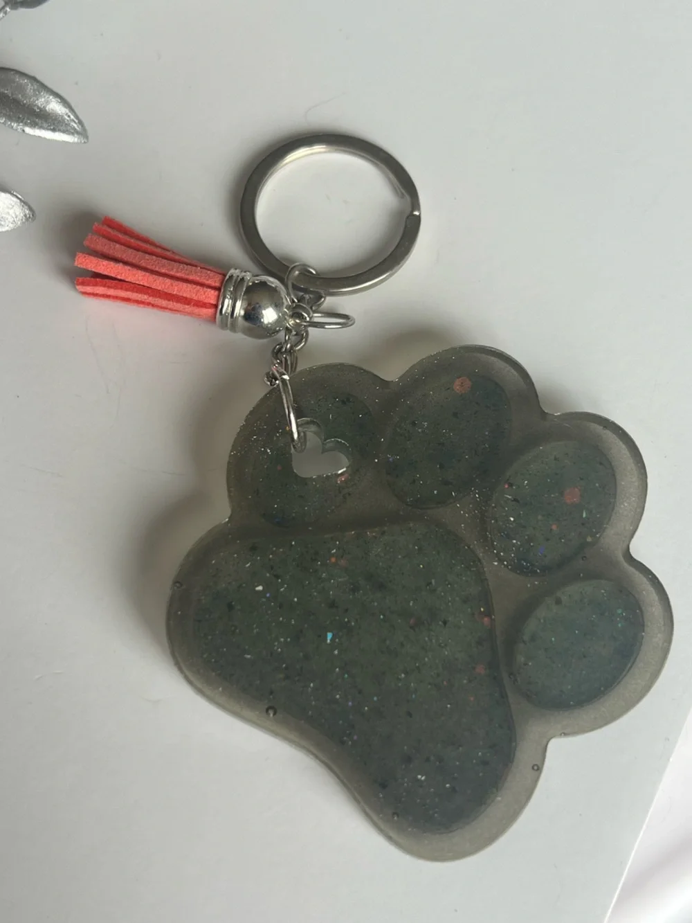 Large Coral and Grey Glitter Paw Keychain Resin - Pink Tassel
